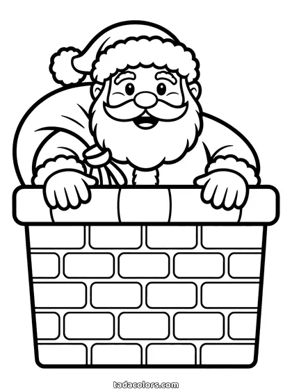 Kerstman in de schoorsteen kleurplaat: de kerstman met zijn zak achter zich houdt de rand van een bakstenen schoorsteen vast, half erin, klaar om naar beneden te glijden