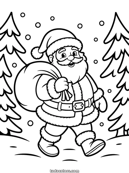 Santa in the snow coloring page: Santa Claus walking through a forest of tall pine trees with a sack over his shoulder and snowflakes falling