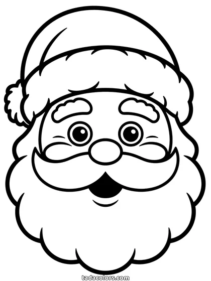 Kerstman masker kleurplaat: een groot gezicht van de kerstman dat het hele vel vult, met een muts met bontrand en pompon, ronde ogen, een ronde neus, een snor en een brede krullende baard