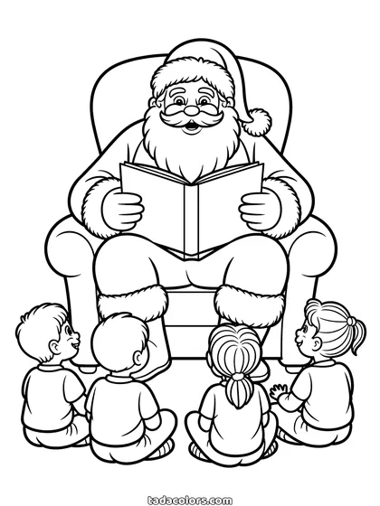 Santa reading a story coloring page: Santa Claus in an armchair reading from an open book to four children sitting cross-legged on the floor in front of him