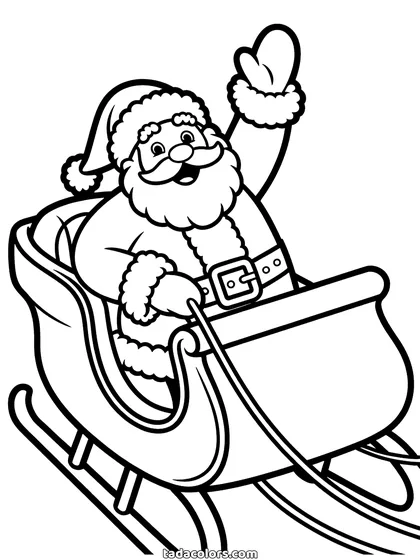 Dibujo del trineo de Papá Noel para colorear: Papá Noel saludando desde un trineo de madera curvo cargado con un saco de regalos envueltos