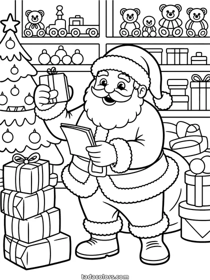 Werkplaats van de kerstman kleurplaat: de kerstman met een ingepakt cadeau en een boekje in een werkplaats met planken vol teddyberen en treintjes, een versierde boom en stapels pakjes