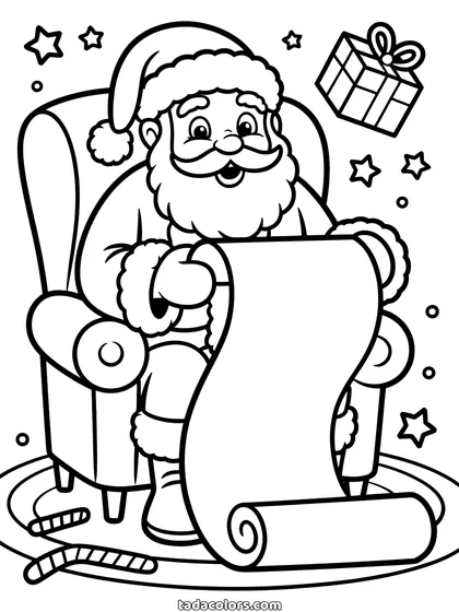 Santa's list coloring page: Santa Claus sitting in a winged armchair reading a long paper scroll that unrolls across the rug, with candy canes, stars and a wrapped present