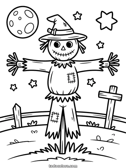 Dibujo de espantapájaros para colorear: un espantapájaros cosido con sombrero puntiagudo sobre un palo en un campo de noche, con una valla y la luna detrás