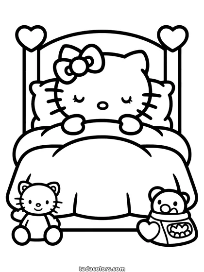 Dibujo de Hello Kitty durmiendo para colorear: Hello Kitty arropada bajo un edredón de corazones en una cama con dosel y dos ositos debajo
