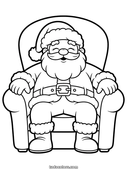 Slapende kerstman kleurplaat: de kerstman slaapt in een grote fauteuil met zijn ogen dicht en een rustige glimlach, zijn handen op de armleuningen
