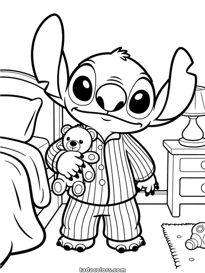 Dibujo de Stitch en pijama para colorear: Stitch con un pijama de rayas y un osito de peluche bajo el brazo, con una cama y una lámpara detrás