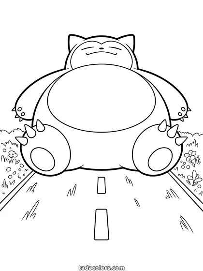 Dibujo de Snorlax para colorear: Snorlax tumbado dormido cruzando una carretera y bloqueándola por completo, con arbustos a los lados