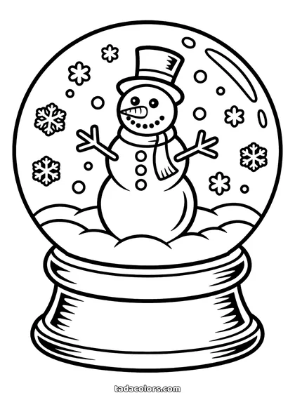 Snow globe coloring page: a snowman with a top hat, carrot nose and scarf on a snowy mound inside a glass globe full of snowflakes, on a ridged base
