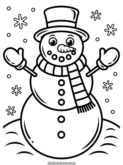 Dibujo de muñeco de nieve para colorear: un muñeco de nieve alegre con chistera y bufanda larga, con manoplas y copos de nieve alrededor