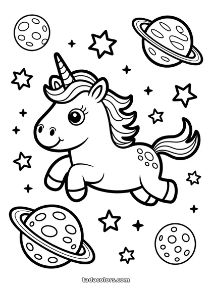 Space unicorn coloring page: a cartoon unicorn leaping through space between two ringed planets, cratered moons and stars