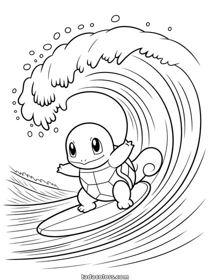 Dibujo de Squirtle para colorear: Squirtle de pie sobre una tabla de surf subiendo la cresta de una ola grande con espuma por encima