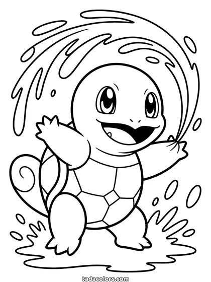 Dibujo de Squirtle para colorear: Squirtle lanzando un chorro de agua que se enrosca a su alrededor en forma de ola, con gotas saltando