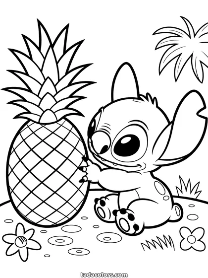 Dibujo de Stitch con una piña para colorear: Stitch abrazando una piña más alta que él, con hojas de palmera y flores alrededor