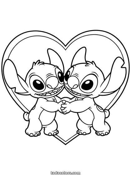 Dibujo de Stitch y Angel para colorear: Stitch y Angel cogidos de las patas dentro de un gran corazón