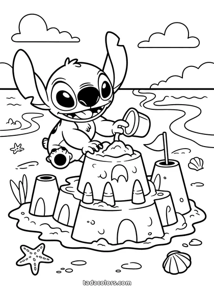 Dibujo de Stitch en la playa para colorear: Stitch echando arena de un cubo sobre un castillo, con olas y nubes detrás