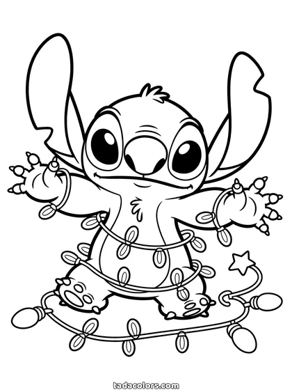 Dibujo de Stitch de Navidad para colorear: Stitch sonriendo mientras está envuelto en una guirnalda larga de luces, con estrellas alrededor
