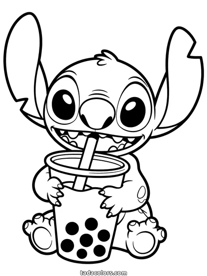 Dibujo de Stitch con bubble tea para colorear: Stitch sujetando un vaso de bubble tea con las dos patas, pajita en la boca, perlas en el fondo