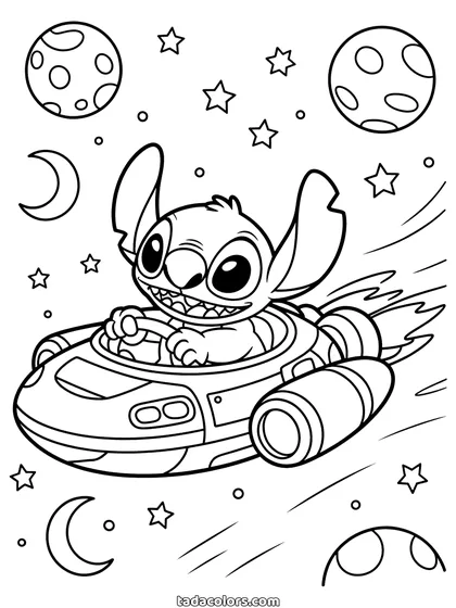 Dibujo de Stitch en su nave para colorear: Stitch a los mandos de su pequeña nave roja, volando entre planetas, estrellas y una luna creciente