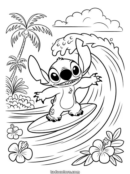 Dibujo de Stitch surfeando para colorear: Stitch de pie sobre una tabla subiendo una ola alta, con palmeras e hibiscos en la orilla