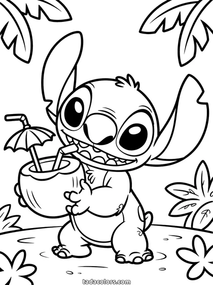 Dibujo de Stitch con un coco para colorear: Stitch sujetando un coco con una pajita y una sombrillita de papel, con hojas de palmera detrás