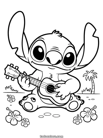 Dibujo de Stitch con ukelele para colorear: Stitch sentado tocando un ukelele, con flores de hibisco alrededor y palmeras al fondo