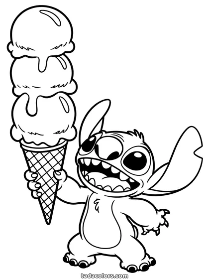 Dibujo de Stitch con helado para colorear: Stitch junto a un cucurucho más alto que él con tres bolas apiladas que empiezan a derretirse