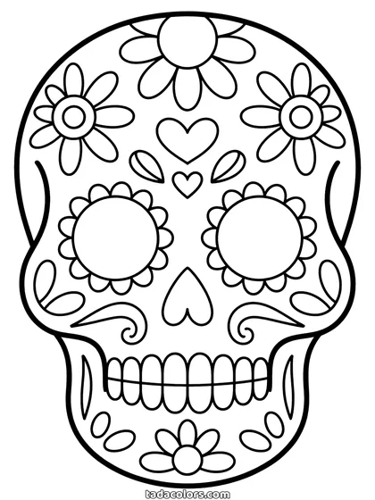 Dibujo de calavera mexicana para colorear: un cráneo decorado con flores, pétalos alrededor de las cuencas, un corazón en la frente y dibujos en los dientes