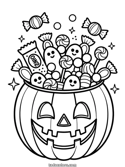 Dibujo del cubo de caramelos de Halloween para colorear: un cubo con forma de calabaza tallada rebosante de golosinas envueltas, piruletas y caramelos de maíz