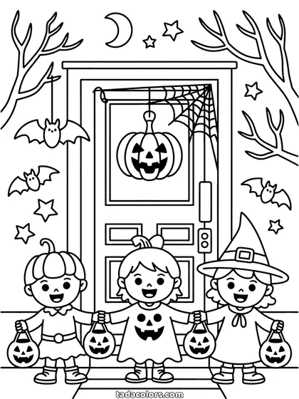Dibujo de truco o trato para colorear: tres niños disfrazados en una puerta decorada con una calabaza, con cubos de caramelos, murciélagos y una luna
