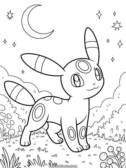 Dibujo de Umbreon para colorear: Umbreon de pie bajo una luna creciente con los anillos de las orejas, las patas y la frente, hierba y estrellas alrededor