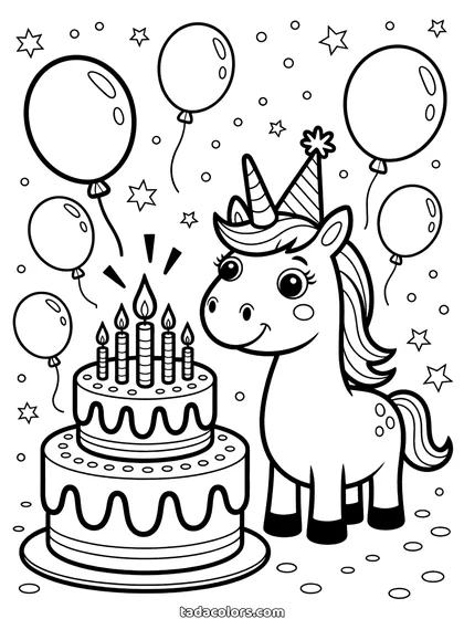 Unicorn birthday coloring page: a unicorn wearing a party hat next to a two-tier birthday cake with lit candles, balloons and confetti