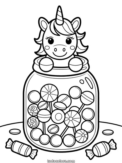 Unicorn candy jar coloring page: a small unicorn peeking over the rim of a glass jar packed with lollipops and round sweets, with wrapped candies beside it