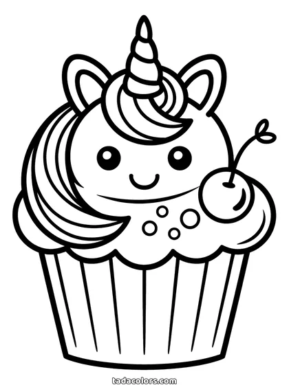 Dibujo de cupcake de unicornio para colorear: un cupcake con cara de unicornio, el glaseado en espiral como melena, un cuerno retorcido y una cereza