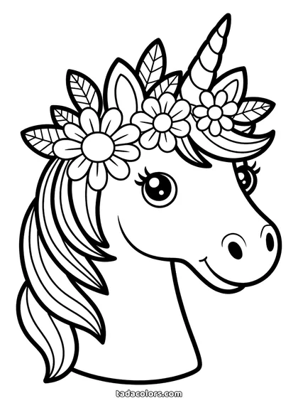 Unicorn flower crown coloring page: a unicorn head with big eyes and a long mane wearing a crown of flowers and leaves around its spiral horn