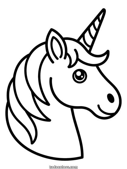 Unicorn head coloring page: a large unicorn head seen from the side with a spiral horn, a flowing mane and thick outlines