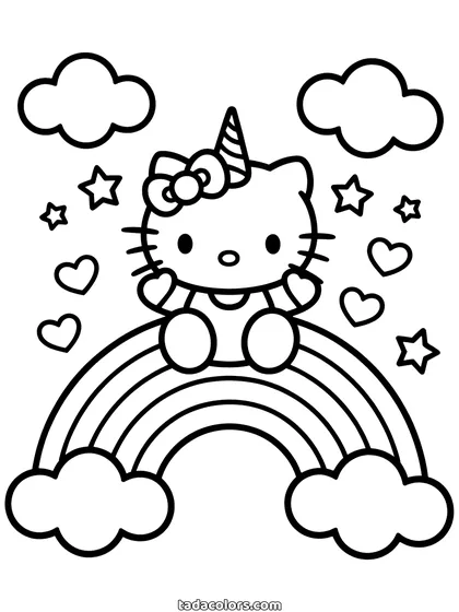 Dibujo de Hello Kitty unicornio para colorear: Hello Kitty con un cuerno de unicornio sentada sobre un arcoíris entre dos nubes