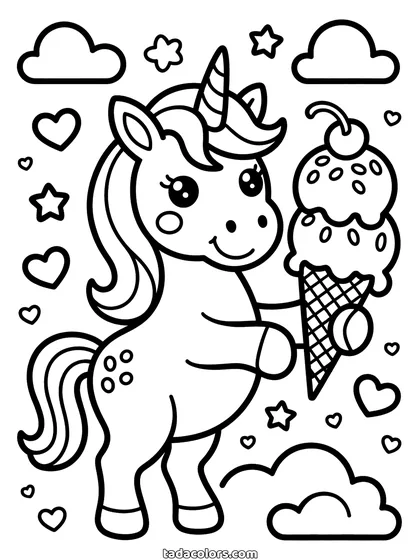 Unicorn ice cream coloring page: a smiling unicorn standing on its back legs holding a waffle cone with two scoops and a cherry, with hearts, stars and clouds