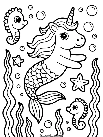 Dibujo de unicornio sirena para colorear: un unicornio con cola de sirena escamada nadando con dos caballitos de mar, burbujas y algas altas