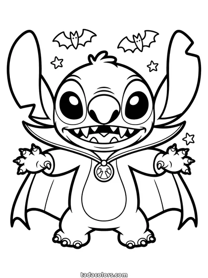 Dibujo de Stitch de Halloween para colorear: Stitch con capa y cuello de vampiro, enseñando los colmillos, con murciélagos volando arriba