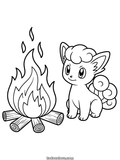 Dibujo de Vulpix para colorear: Vulpix sentado junto a un fuego pequeño con sus seis colas rizadas abiertas en abanico detrás