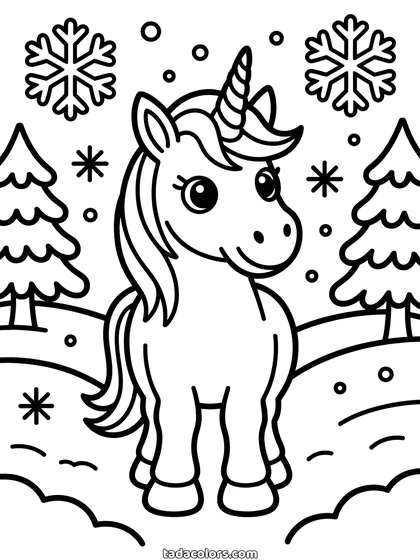 Dibujo de unicornio en la nieve para colorear: un unicornio de pie en un campo nevado con abetos a los lados, una valla detrás y copos grandes cayendo