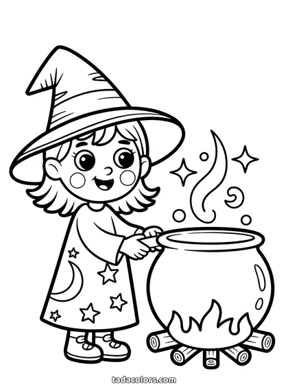 Dibujo de bruja con caldero para colorear: una bruja joven con sombrero de estrellas removiendo un caldero que burbujea sobre un fuego pequeño